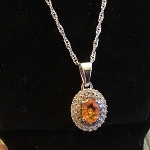 JTV Oval Orange Spressarite double halo 925 silver necklace